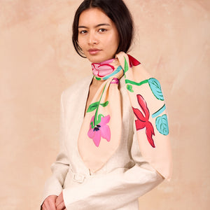 Carré Scarf 34.5" Herbarium pink, 100% silk, Made in France