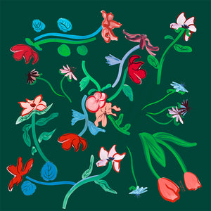 Carré Scarf 34.5" Herbarium green, 100% silk, Made in France