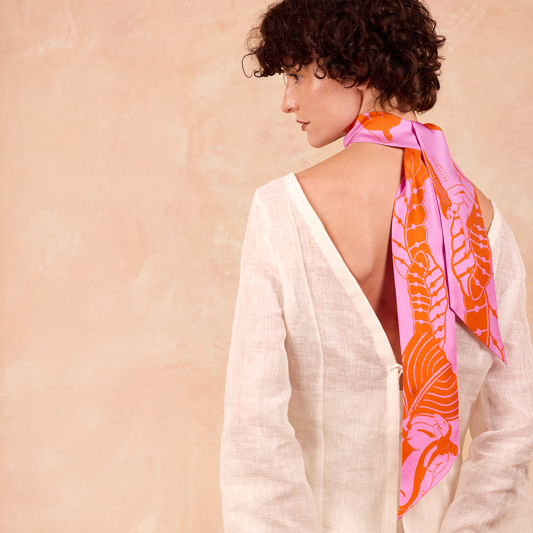 Maxi Silk Ribbon Scarf Massalia orange, 100% silk, Made in France & Italy